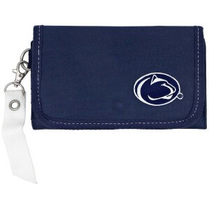 navy polyester wallet organizer with stitched Penn State Athletic Logo and white ribbon handle